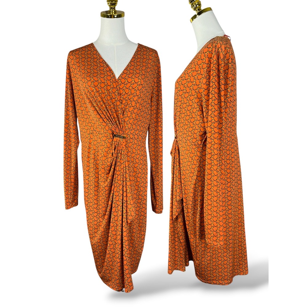 Michael Michael Kors Orange Chain Link Print Faux Wrap Dress Long Sleeve L